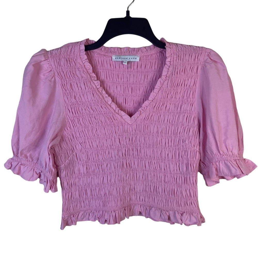 Endless Rose Size L Top Pink‎ Smocked Cropped Short Sleeve Peasant Boho Barbie